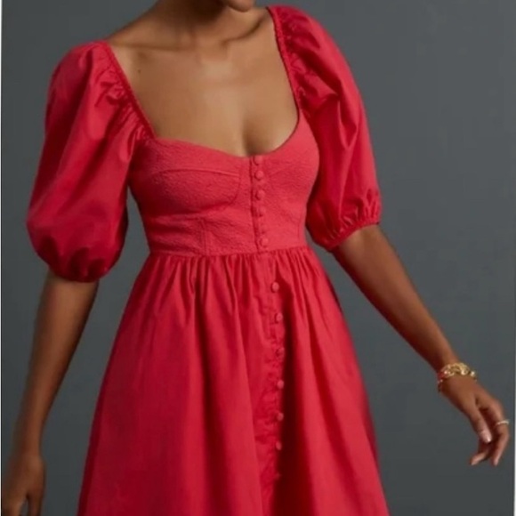 Maeve Anthropologie Puff Sleeve Demi Cup Mini Dress Sweetheart Pink Red small - Picture 11 of 11